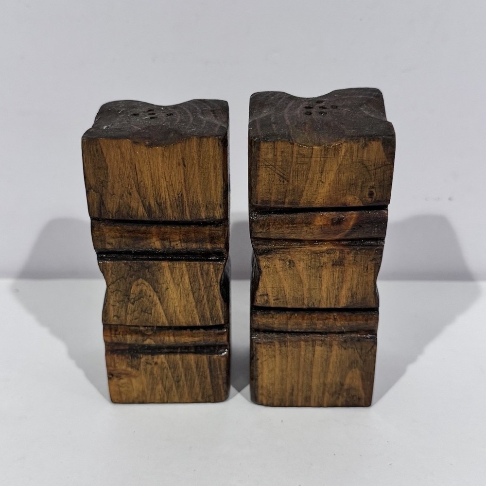 Vintage Salt & Pepper Shaker Set Carved Wooden Square Boho Rustic Lodge